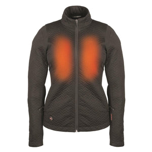 Mobile Warming black quilted heated jacket with orange chest heating zones