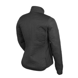 Back view of a black Mobile Warming quilted jacket with herringbone pattern