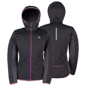 Mobile Warming black hooded jacket with purple zipper and trim shown from front and back