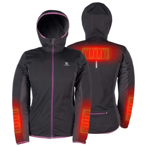 Mobile Warming black hooded jacket with highlighted heating elements on the back and sleeves