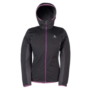 Mobile Warming black hooded jacket with purple zipper and trim