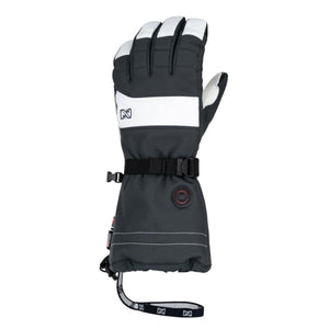 Mobile Warming black and white heated ski glove with adjustable wrist strap and power button