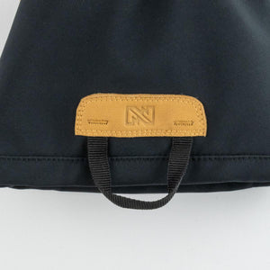 Mobile Warming black fabric with tan leather patch and black nylon pull tab