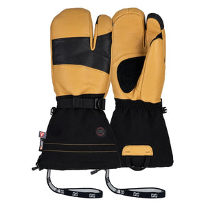 Mobile Warming tan and black leather heated mittens with wrist straps