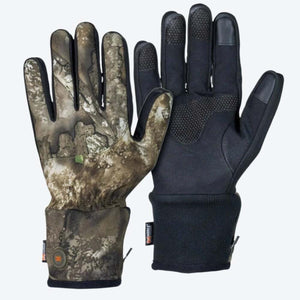 Mobile Warming heated camouflage hunting gloves with black palms and touchscreen fingertips