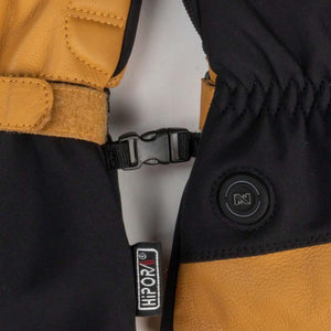 Black and tan leather winter gloves with plastic buckle and Hipora branding