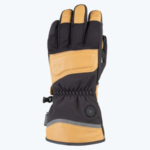 Mobile Warming black and tan heated glove with adjustable wrist strap and power button