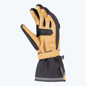 Black and tan leather motorcycle glove with adjustable wrist strap and extended cuff