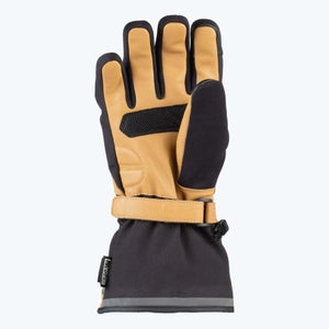 Mobile Warming tan and black leather winter glove with wrist strap and Hipora logo