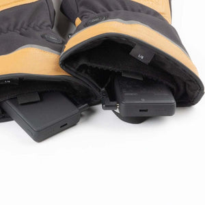 Mobile Warming heated gloves with rechargeable batteries inserted into cuffs