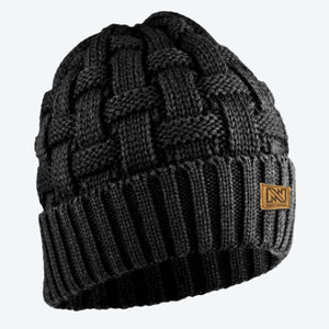 Black Mobile Warming cable knit beanie with ribbed cuff and leather brand patch