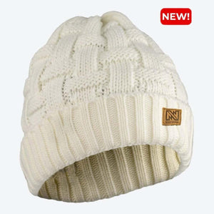 Mobile Warming white cable knit beanie with a tan logo patch