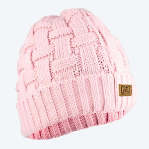 Light pink cable knit beanie with Mobile Warming brand patch