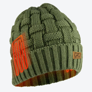 Olive green Mobile Warming knit beanie with visible orange heating elements