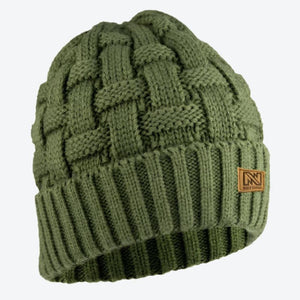 Olive green Mobile Warming knit beanie with a basket weave pattern and ribbed cuff