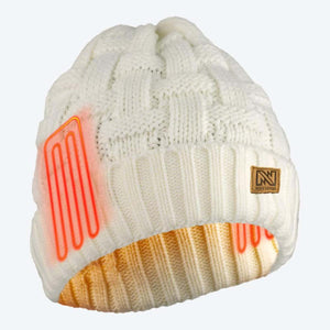 Mobile Warming white knit beanie with visible internal heating elements