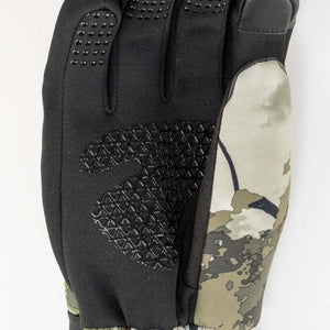 Mobile Warming glove palm detail with black textured grip pattern and camouflage fabric side panel