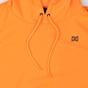 Mobile Warming bright orange hoodie with drawstring hood and small logo on chest