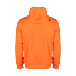 Back view of a bright orange Mobile Warming hooded sweatshirt with a small black logo on the shoulder