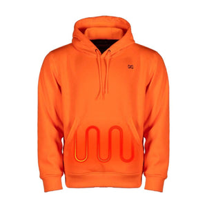 Mobile Warming orange hooded sweatshirt with visible heating element graphic on front pocket