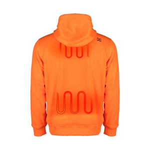 Back view of orange Mobile Warming heated hoodie showing internal heating elements