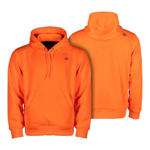Mobile Warming orange hooded sweatshirt showing front and back views