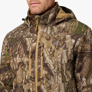 Mobile Warming hooded jacket in tree bark camouflage pattern with tan zippers