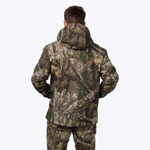 Mobile Warming hooded jacket in camouflage print viewed from the back
