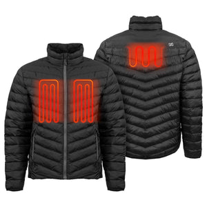 Mobile Warming black quilted heated jacket showing front and back heating elements