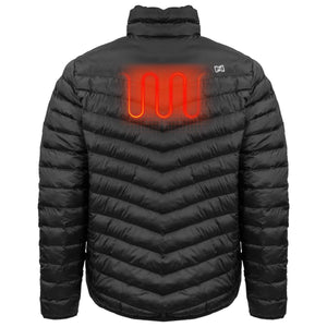Back view of black Mobile Warming heated jacket showing glowing red heating element on upper back