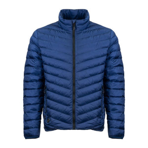 Mobile Warming blue quilted puffer jacket with a high collar and front zipper closure