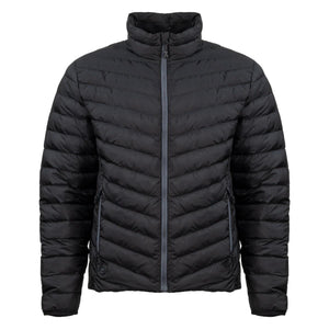 Mobile Warming black quilted puffer jacket with a high collar and front zipper closure