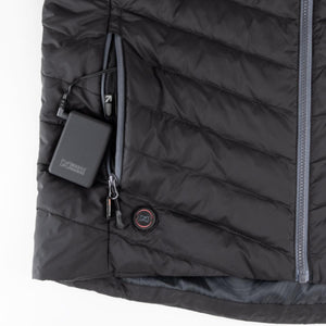 Mobile Warming black quilted vest with battery pack connected to pocket