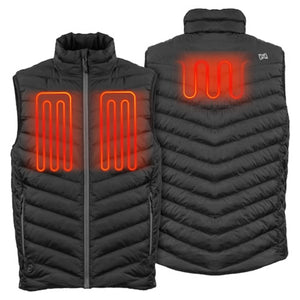 Mobile Warming black quilted heated vest showing front and back heating zones