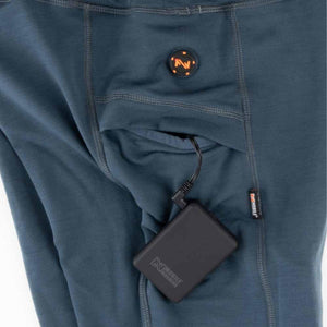 Mobile Warming heated base layer pants with battery pack connected to power pocket