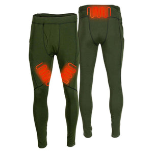 Mobile Warming olive green heated base layer leggings with visible red heating elements on thighs and lower back