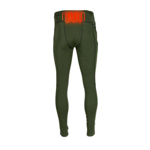 Mobile Warming olive green heated base layer leggings with glowing red heating element on the lower back
