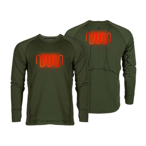 Mobile Warming olive green long sleeve base layer with glowing red heating elements on chest and back