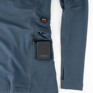 Mobile Warming blue long sleeve shirt with battery pack connected in side pocket