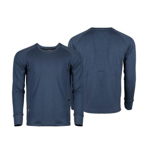 Mobile Warming blue long sleeve crew neck base layer shirt front and back view