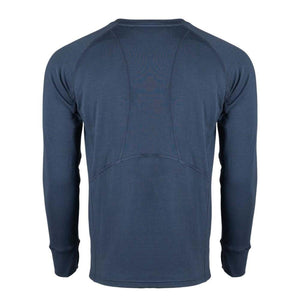 Back view of a blue Mobile Warming long sleeve base layer shirt