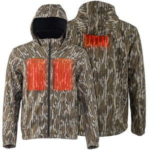 Mobile Warming hooded camo jacket with visible orange heating elements on chest and back