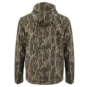 Back view of a Mobile Warming hooded jacket in camouflage pattern