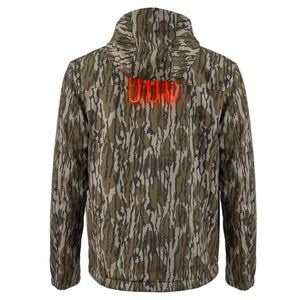 Mobile Warming camo hooded jacket back view with orange heating elements visible