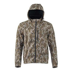 Mobile Warming hooded jacket in camouflage print with front zipper and chest pocket