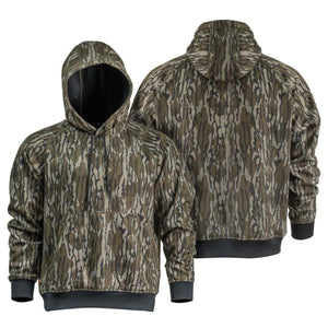 Mobile Warming hooded sweatshirt in camouflage print with black cuffs and hem