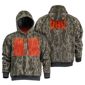Mobile Warming camo heated hoodie showing front and back heating elements