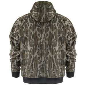 Back view of Mobile Warming hooded sweatshirt in camouflage pattern with black cuffs and hem
