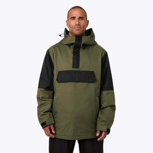 Man wearing a Mobile Warming olive green and black hooded pullover jacket
