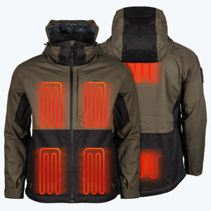 Mobile Warming heated jacket showing front and back heating zones in olive and black